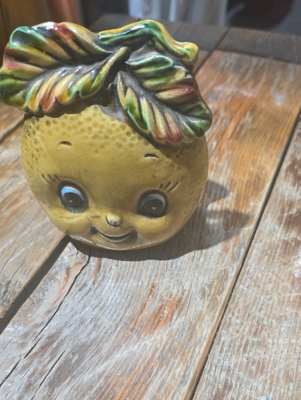 Vintage ENESCO Ceramic Lemon Face Napkin HOLDER with Leaf Accent - Yellow